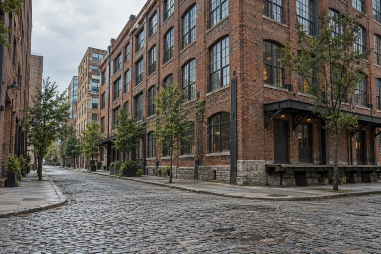 A converted brick warehouse district street corner with tall multi-pane factory windows, street trees and cobblestone paving