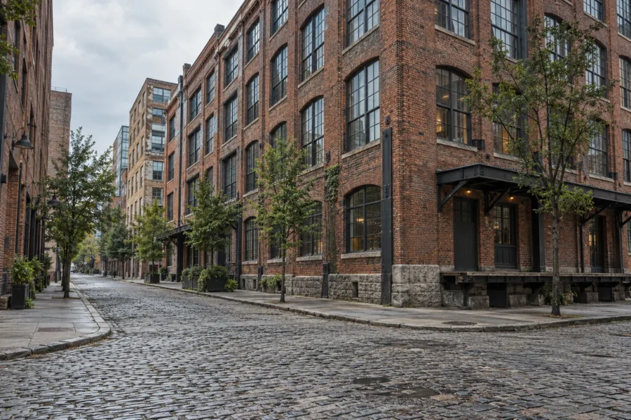 A converted brick warehouse district street corner with tall multi-pane factory windows, street trees and cobblestone paving
