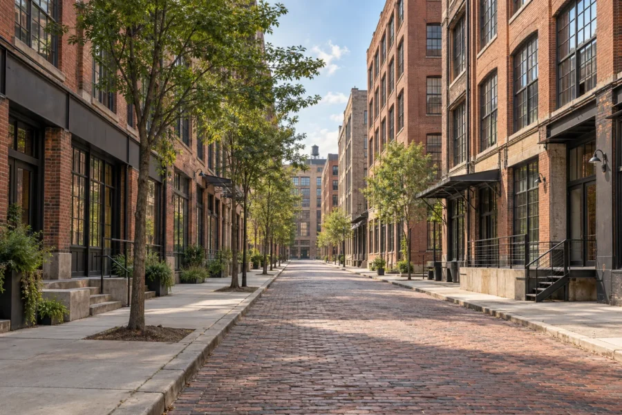 A converted warehouse loft street in an intown arts district seen in a long view down the cobbled roadway, with brick elevations, tall factory windows and young street trees