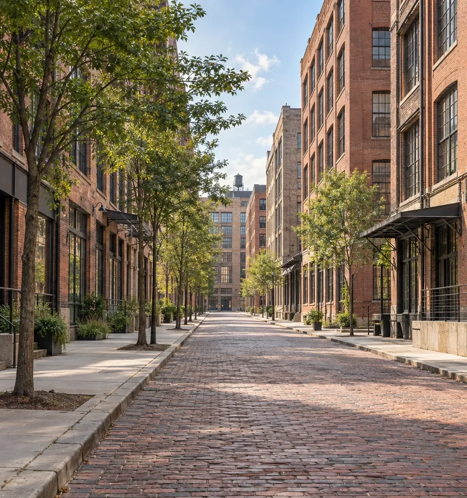 A converted warehouse loft street in an arts district