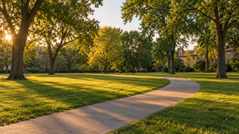 A city neighbourhood park in the early evening, with a curving paved walking path running through open mown lawn under tall mature hardwoods and rooftops visible beyond the treeline in low golden light