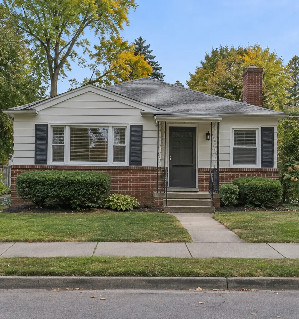 A modest older single story house on a small lot