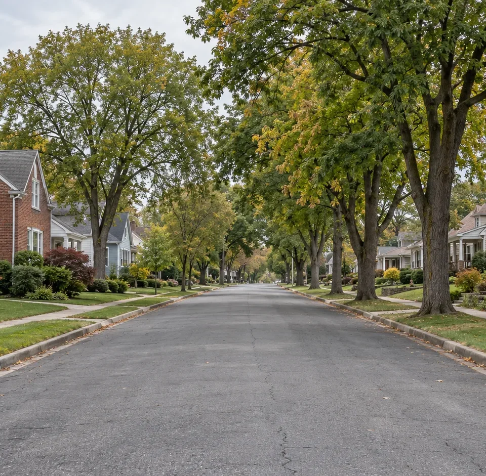 A modest residential street of small older houses