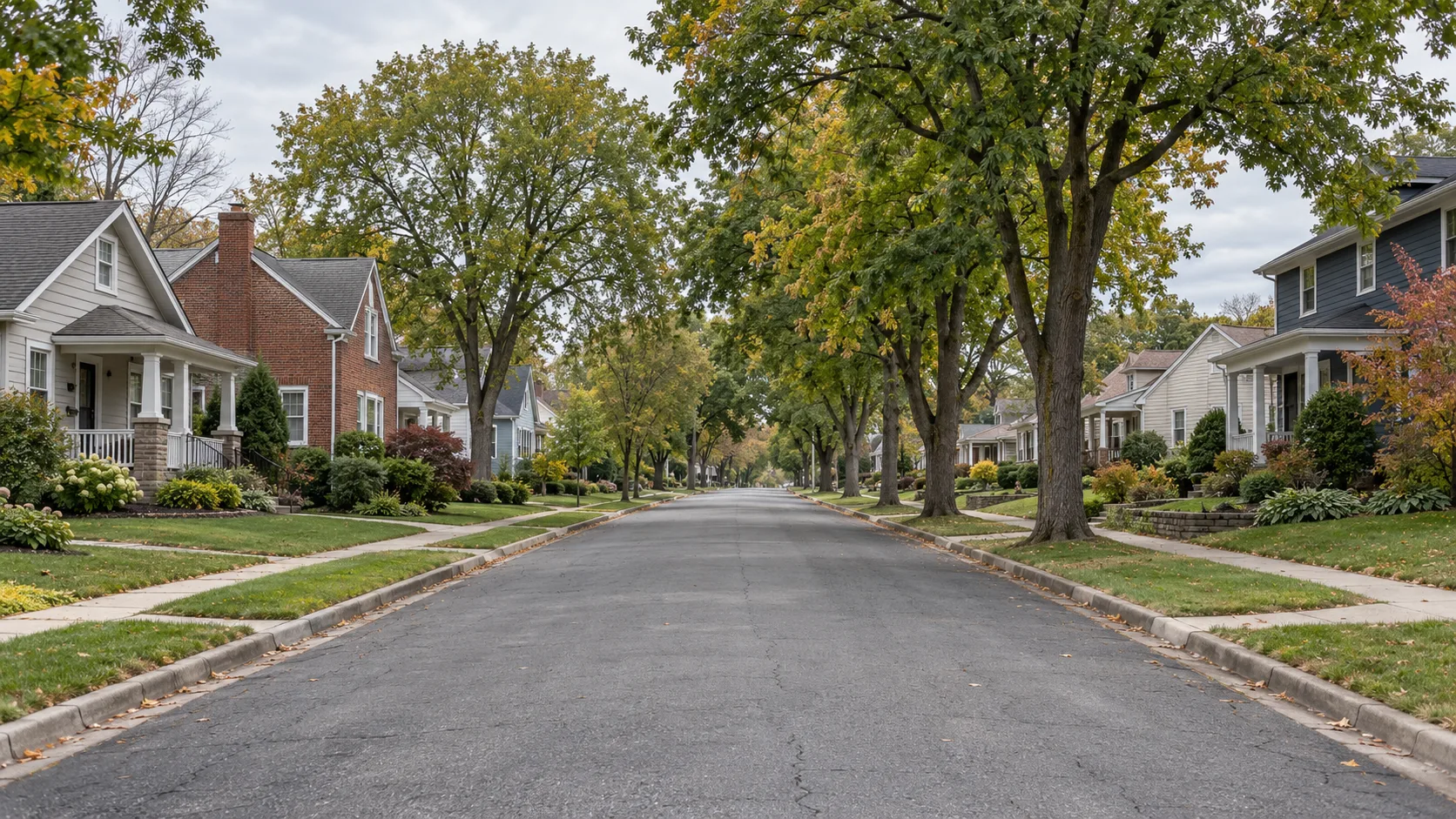 A modest residential street of small older one and two storey houses of mixed ages, under mature street trees on an overcast day