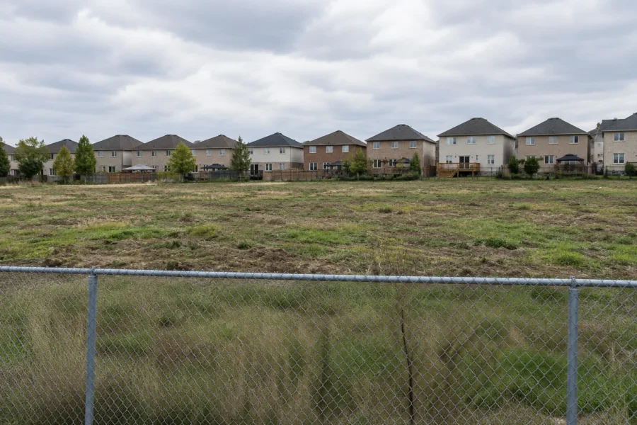 A cleared tract of rough grass and bare earth behind a plain chain link fence, with the backs of new two storey houses along the far edge under an overcast sky
