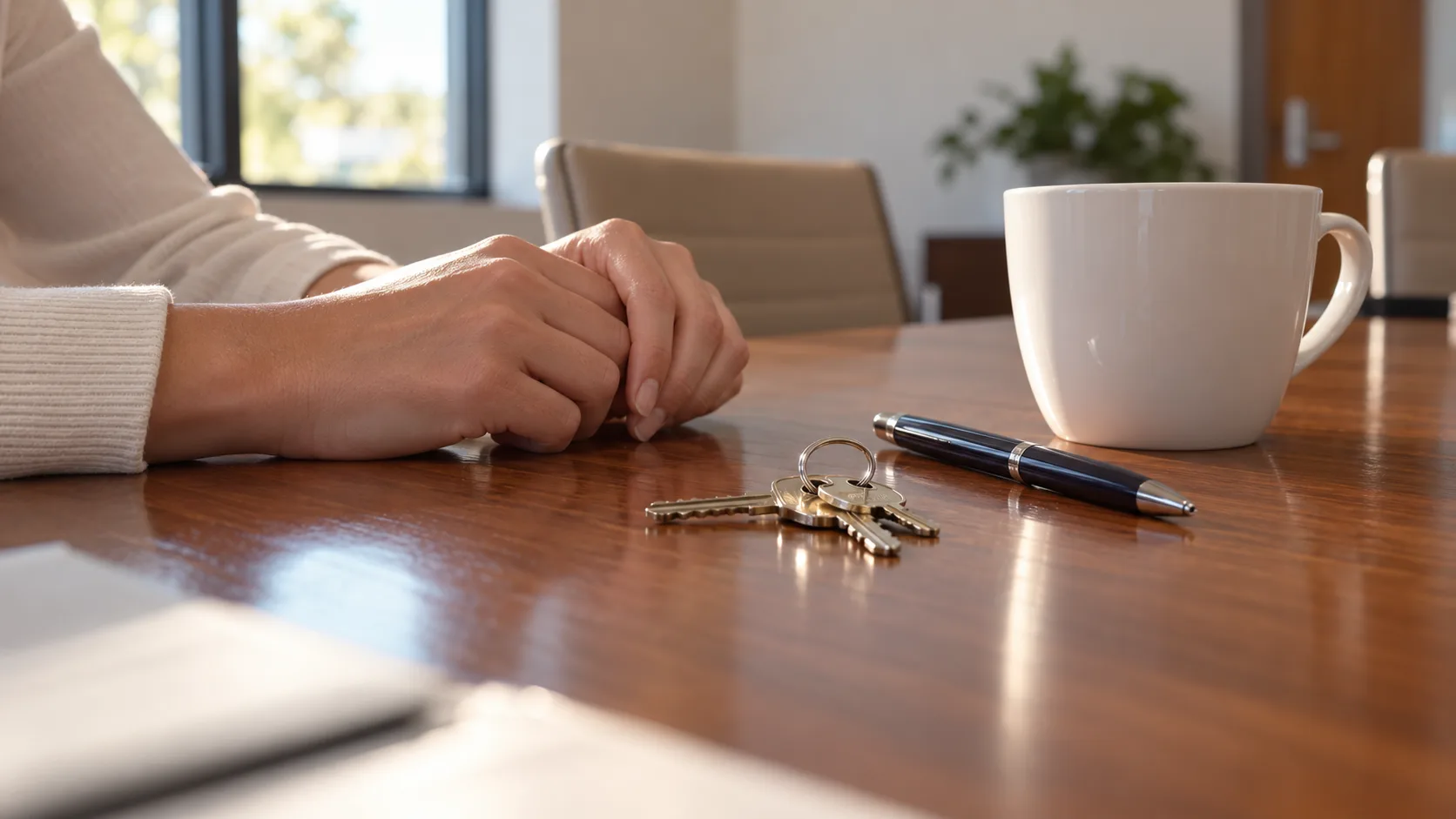 Hands resting on a polished wood conference table beside a pen, a set of house keys on a plain ring and a coffee cup, with papers out of focus at the edge of the frame