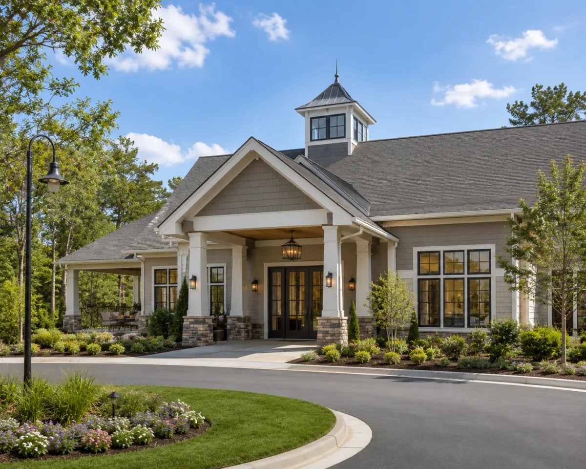 Shingled clubhouse with a cupola and a columned porte-cochere on a circular drive