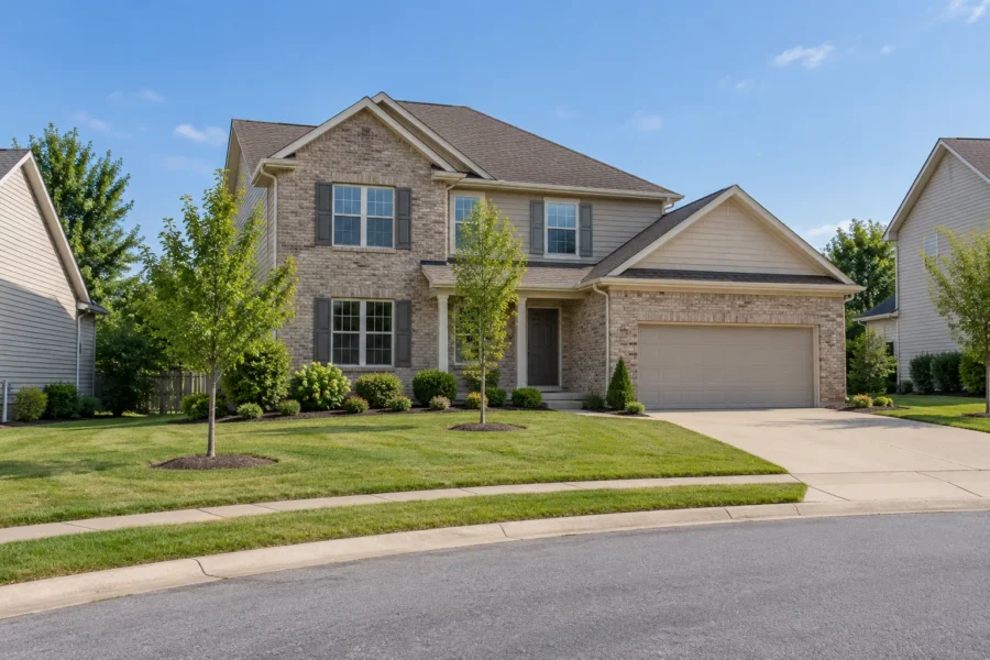 A conventional outer suburban two storey house in brick and siding on a cul de sac lot with a wide lawn and young trees