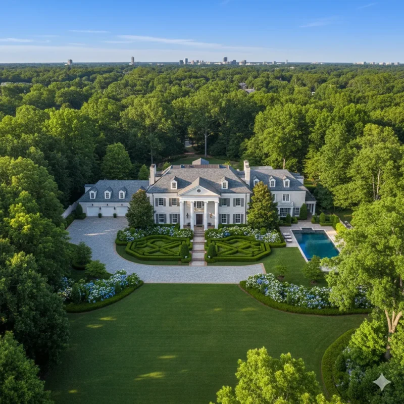 Aerial of a white columned estate with parterre gardens and a pool