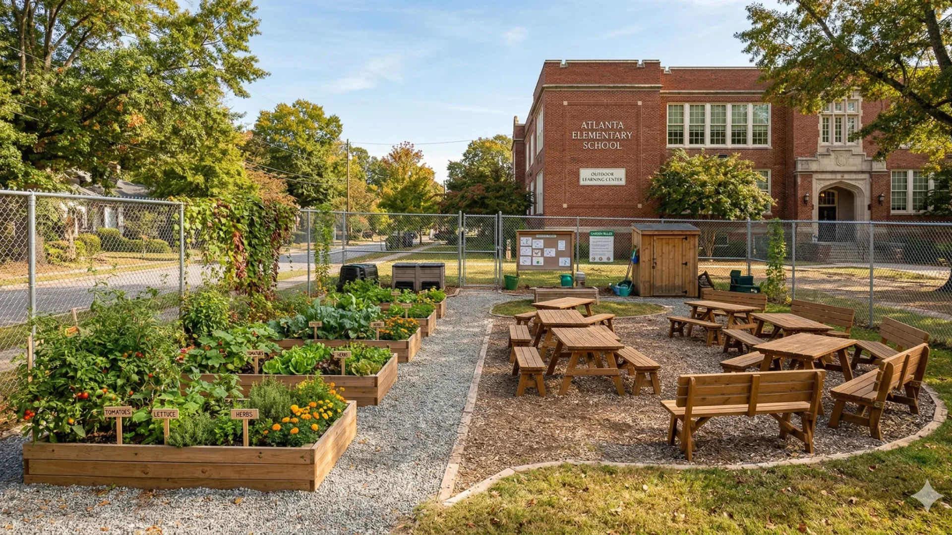 A community garden with raised beds and benches in front of a brick school building