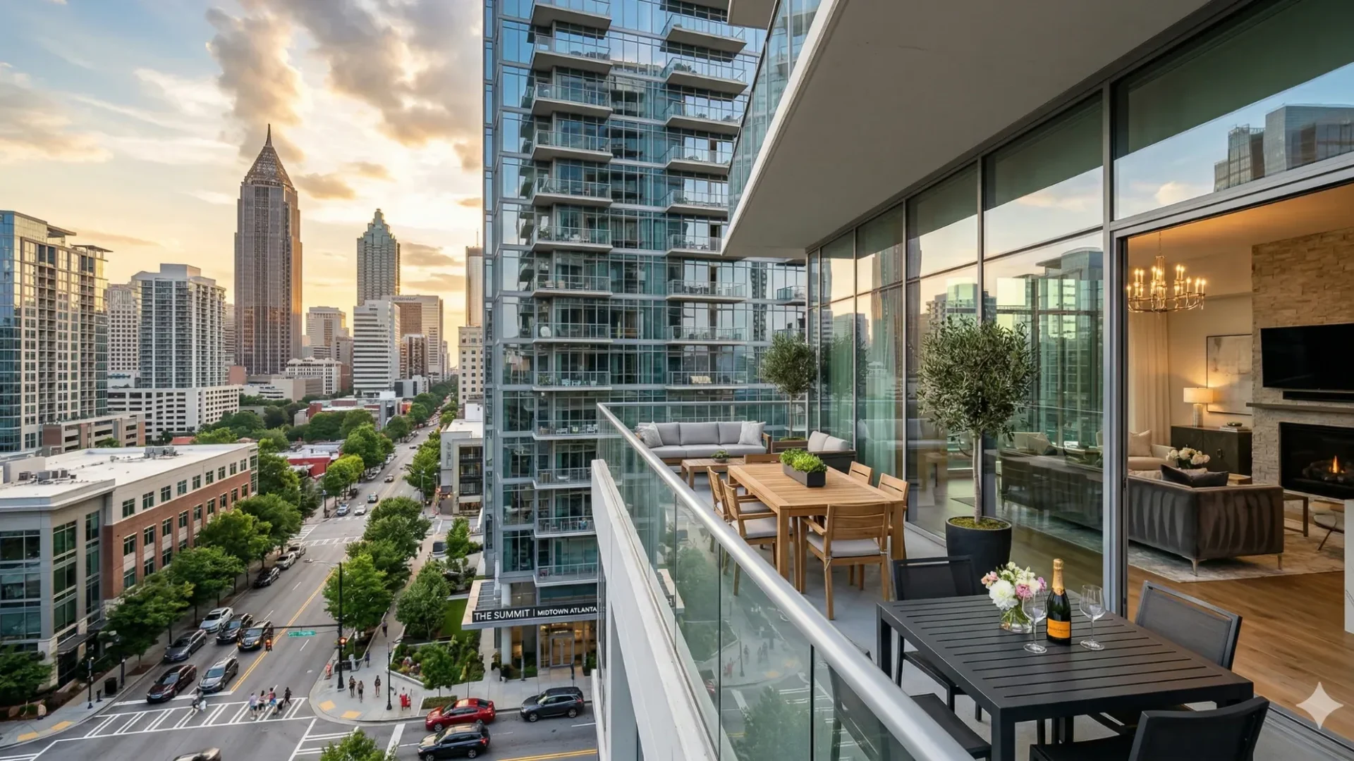 A condominium balcony with a dining set overlooking the street and the skyline