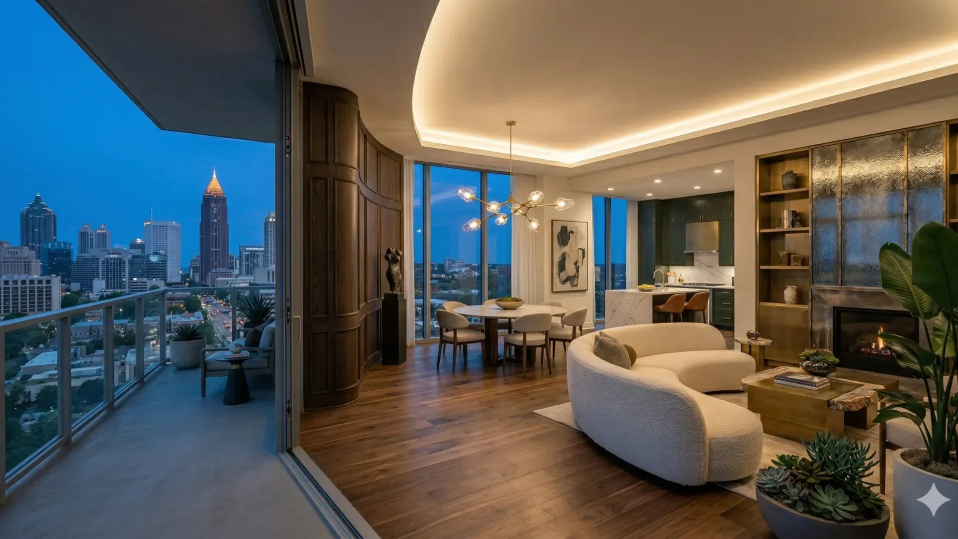A condominium living room opening onto a balcony with the skyline at dusk