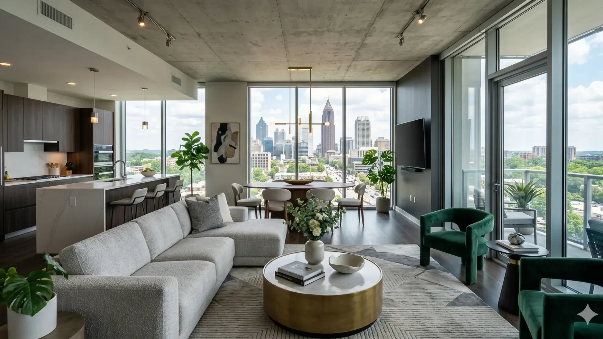 A condominium living room with floor-to-ceiling glass and a skyline view