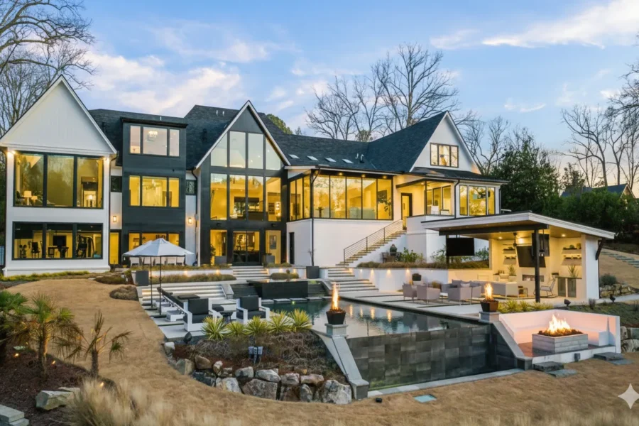 Contemporary house with a glass gable and a terraced pool deck