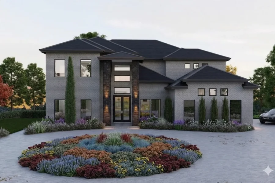 Contemporary grey brick two-story with a circular drive and perennial ring