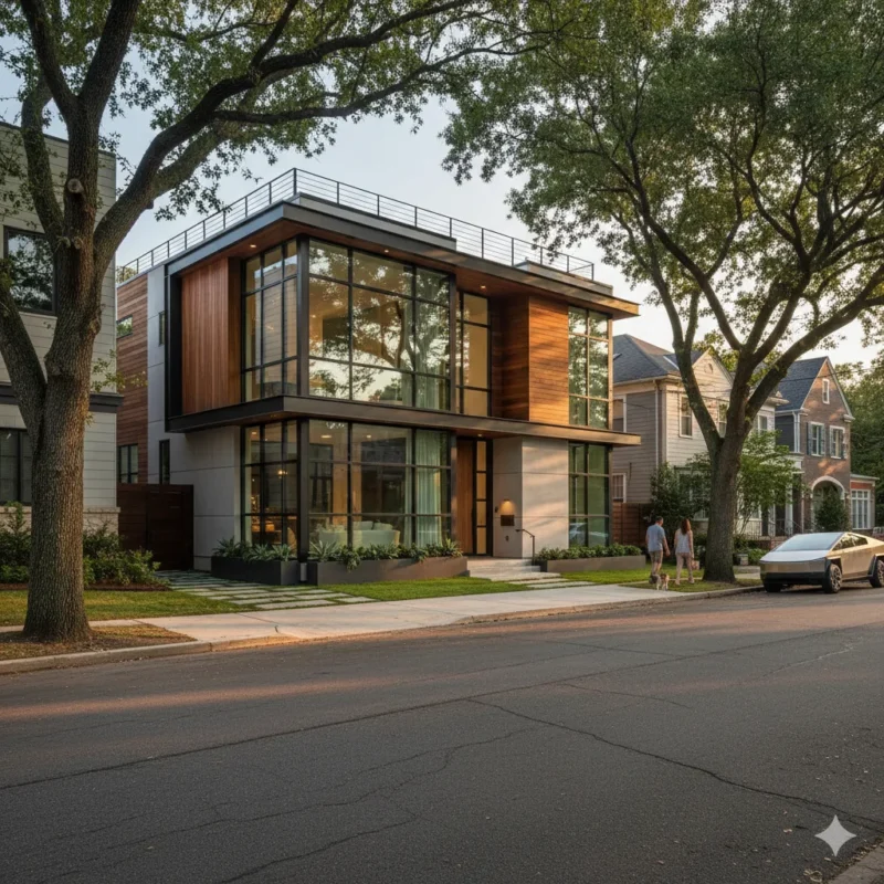 A contemporary three-storey house with wood cladding and floor-to-ceiling glass on a tree-lined street