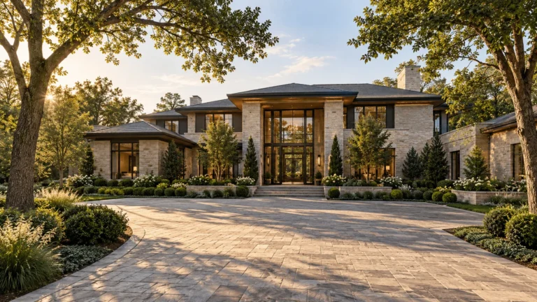 A large contemporary luxury estate of stone and glass set well back behind a landscaped motor court, with mature hardwoods on both sides in warm late afternoon light