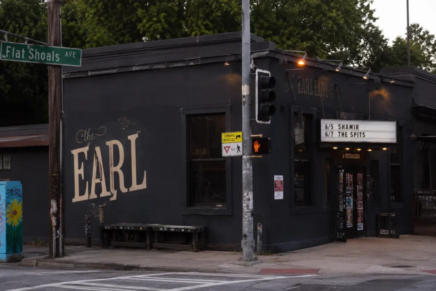 A black-painted corner music venue on Flat Shoals Avenue in East Atlanta Village