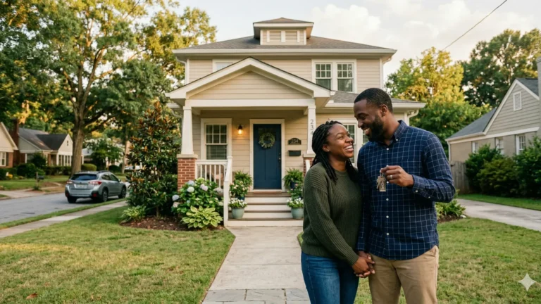A couple standing together on the front walk of a bungalow