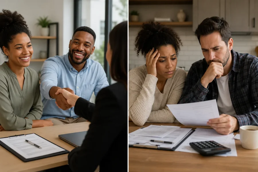 A split image of a couple shaking hands with an agent and a couple reviewing paperwork with concern