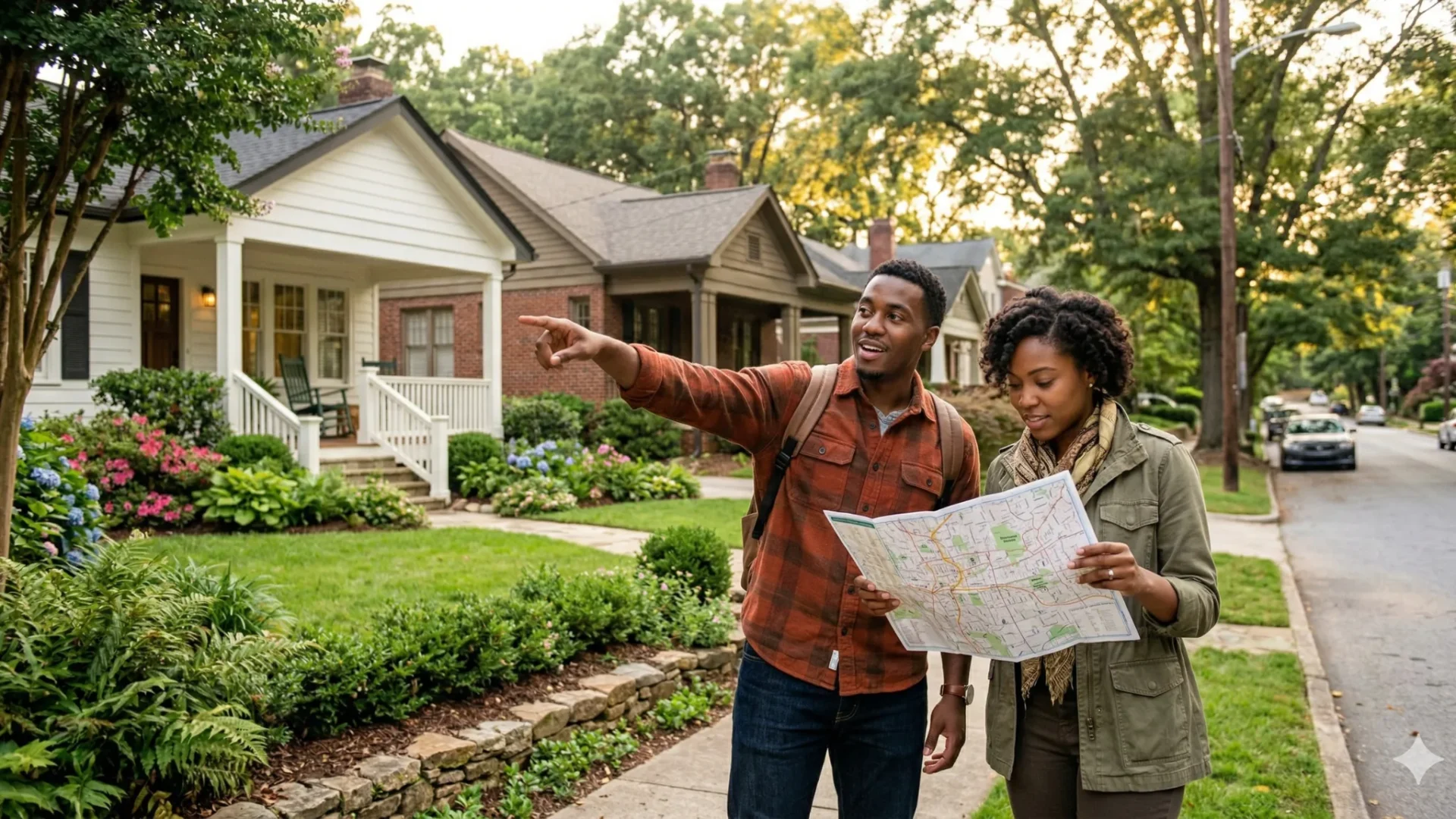 A couple with a paper map on a residential street, one of them pointing