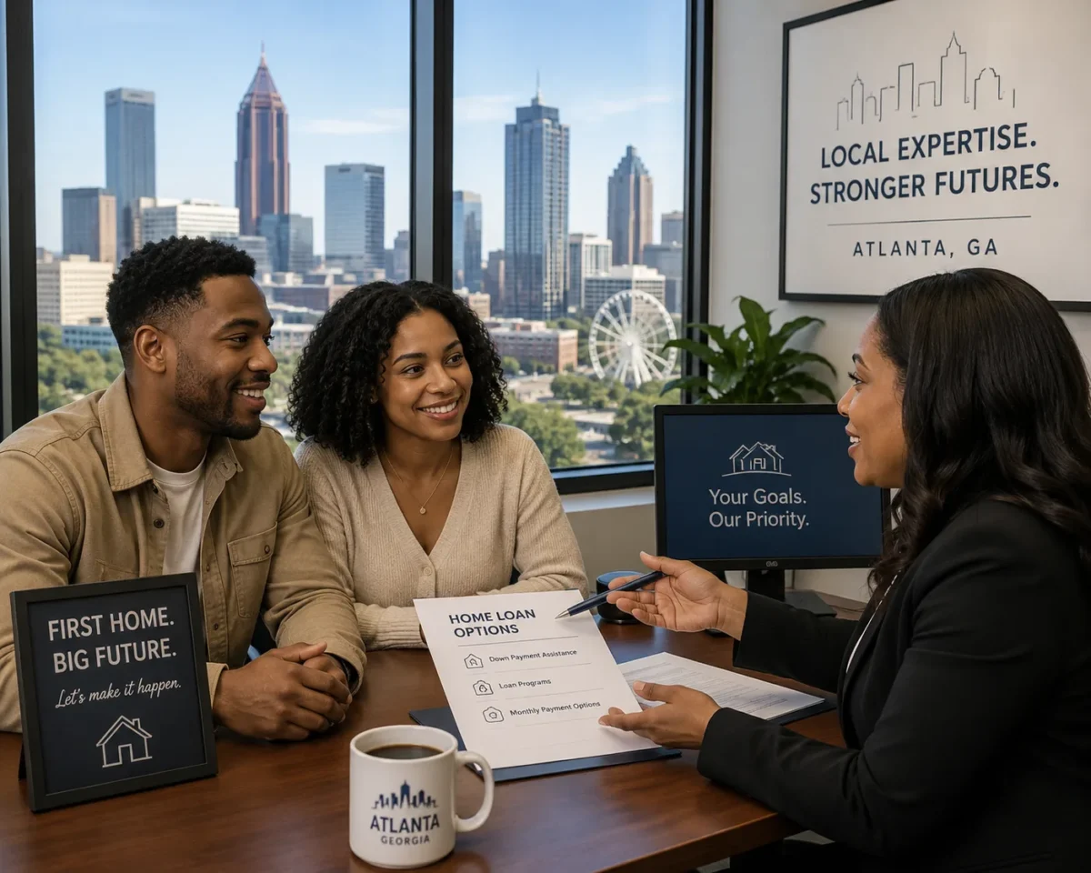 A couple meeting a lender across a table with the Atlanta skyline through the window