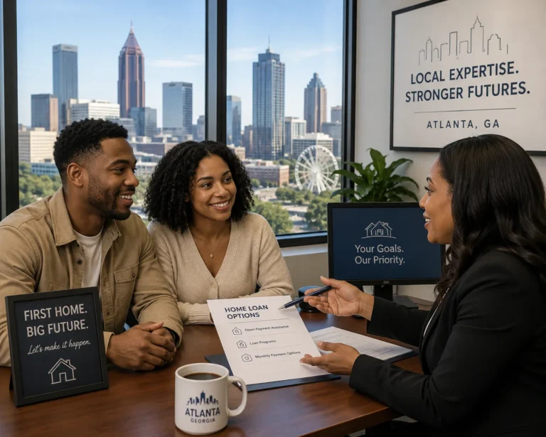 A couple meeting a lender across a table with the Atlanta skyline through the window