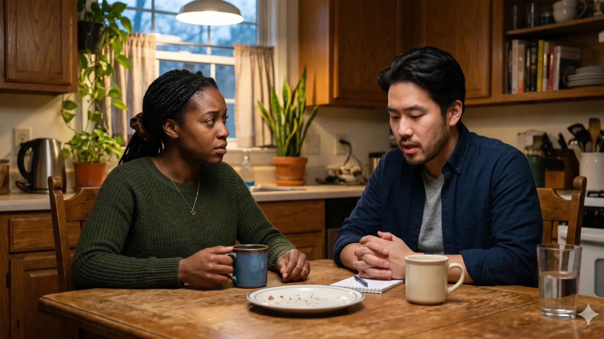 A couple talking across a kitchen table with mugs in front of them