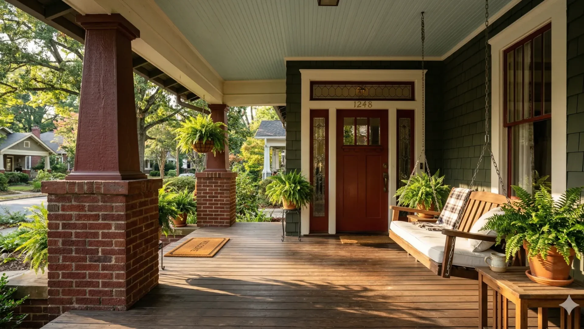 A deep covered front porch with a swing, potted ferns and a wooden front door