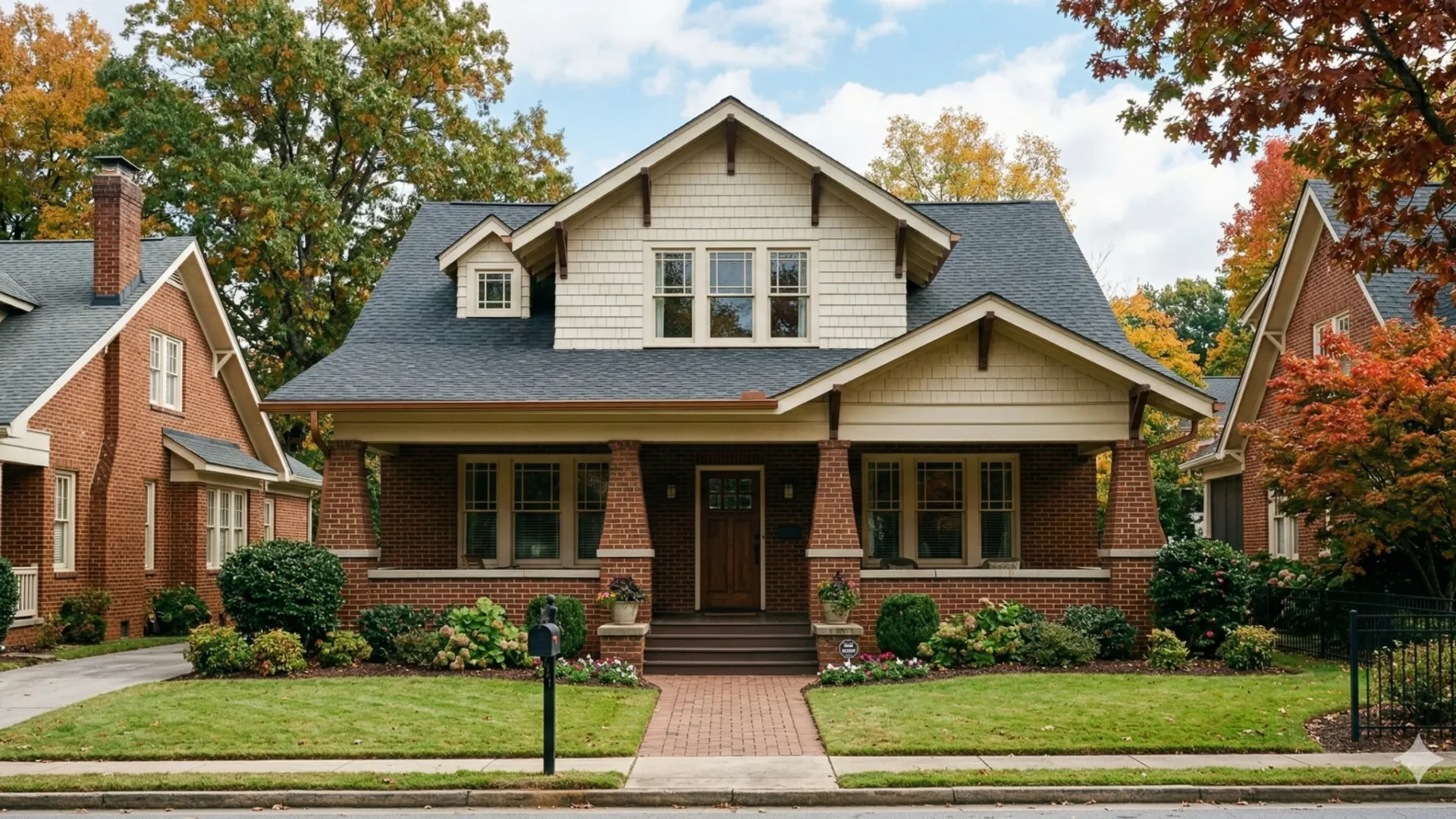 A Craftsman bungalow with a broad front gable and a brick walk through the lawn
