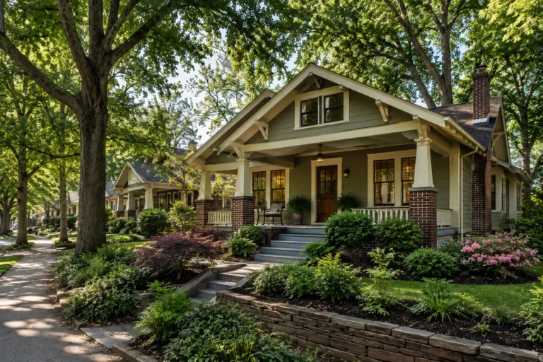 A Craftsman bungalow with a deep front porch set back under mature trees