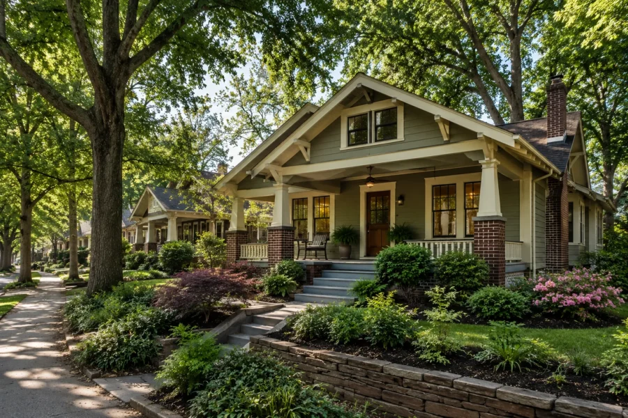 A Craftsman bungalow with a deep front porch set back under mature trees