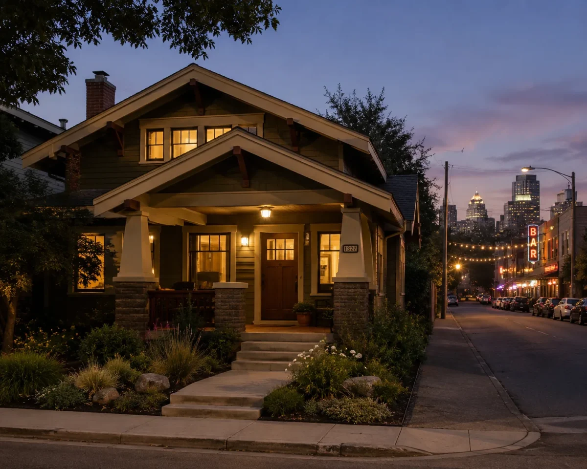 A Craftsman bungalow lit at dusk on a rise above a busy street below
