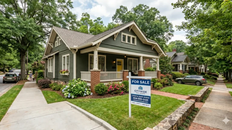 A Craftsman bungalow with a for-sale sign in the front yard