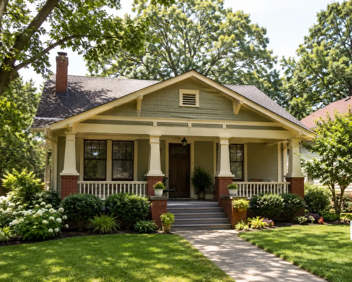 A pale green Craftsman bungalow with brick porch columns and a landscaped front lawn