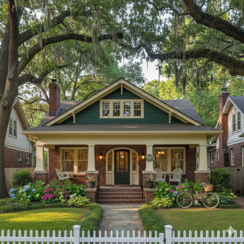 A Craftsman bungalow behind a white picket fence under live oaks