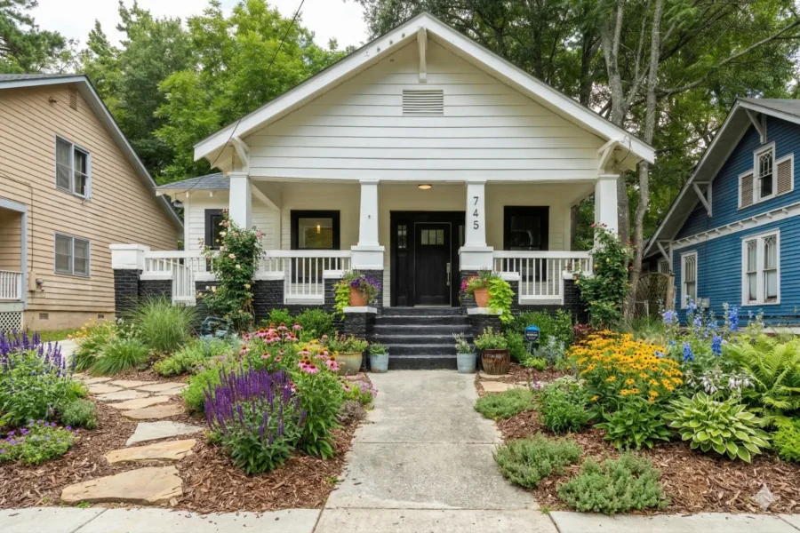 Cream craftsman bungalow with tapered porch columns and a flagstone walk