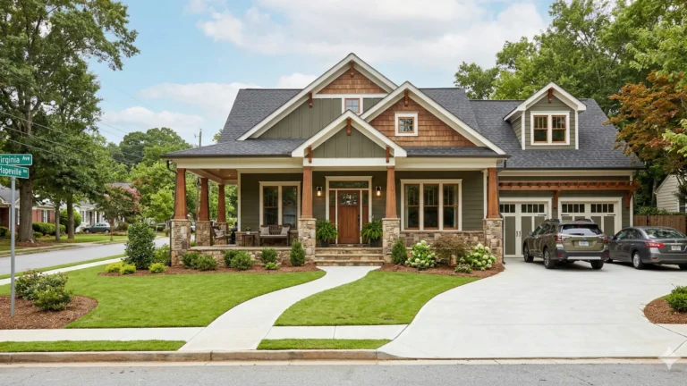 A Craftsman bungalow with timber brackets and a paved walk on a corner lot