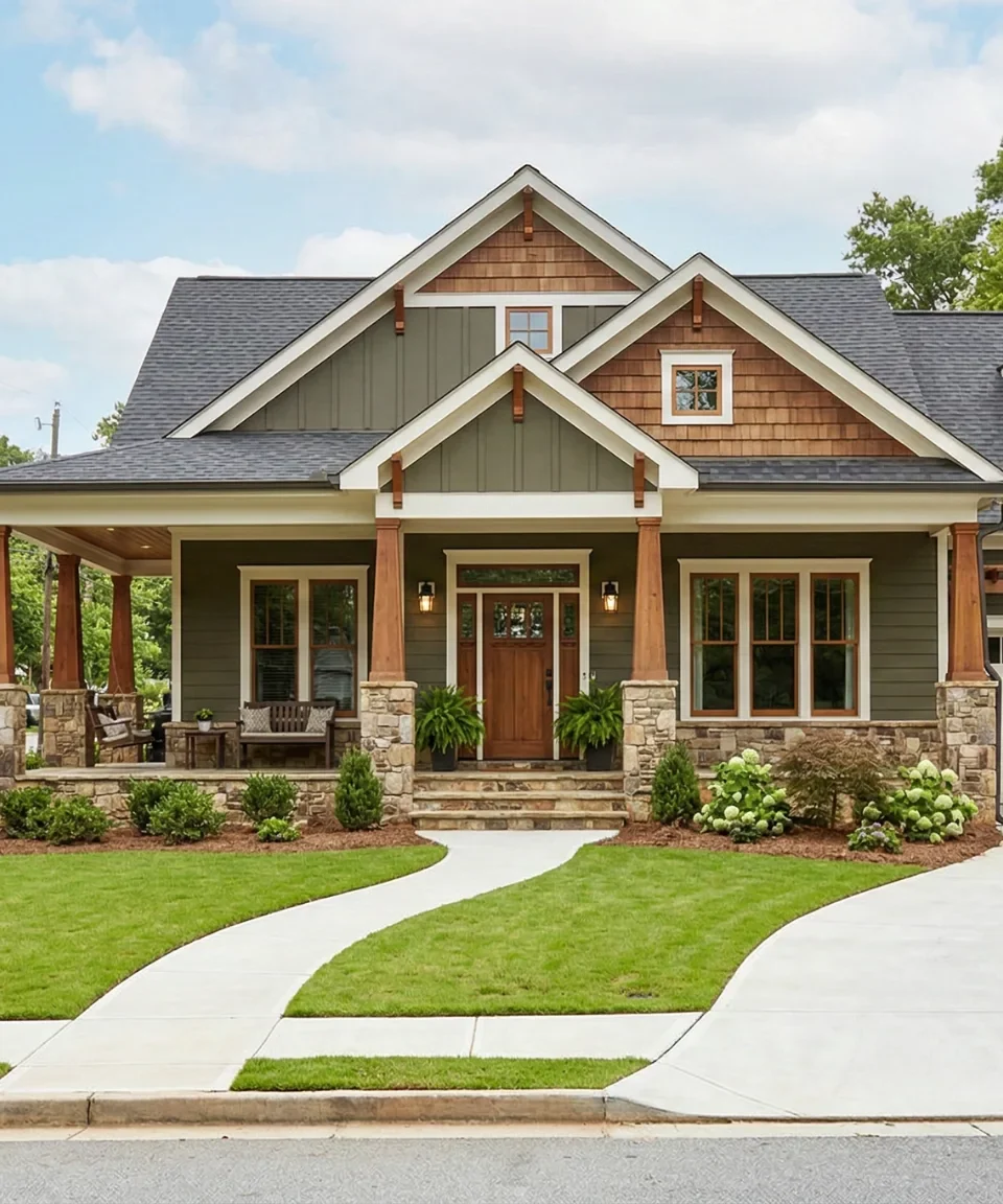 A Craftsman bungalow with timber brackets and a paved walk on a corner lot