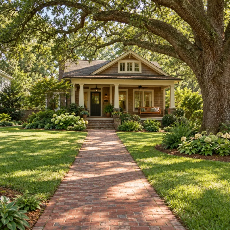 A shingled Craftsman cottage under a large oak, seen from further down the brick front walk so the walk leads the eye toward the porch and its swing in soft morning light