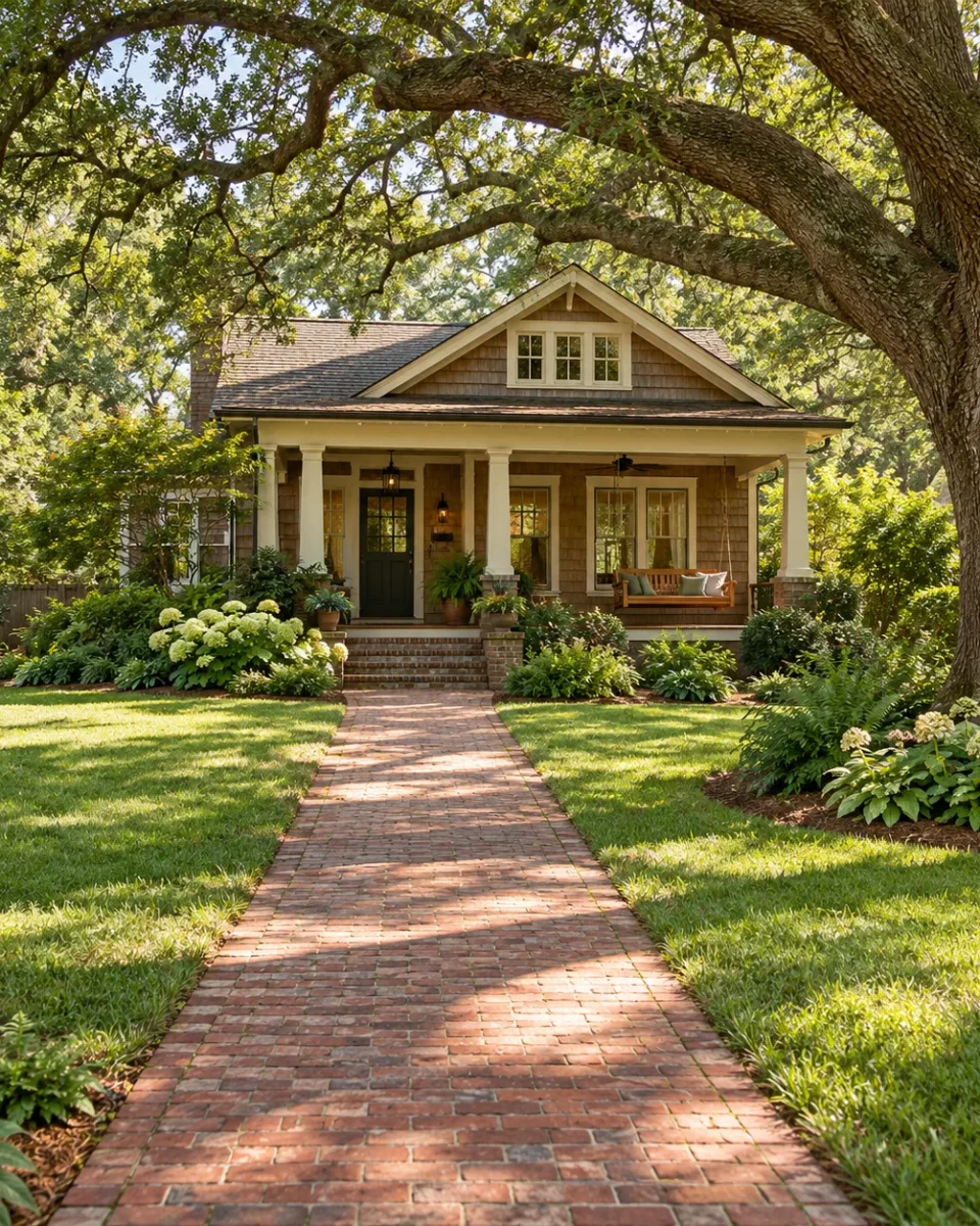 A shingled Craftsman cottage under a large oak