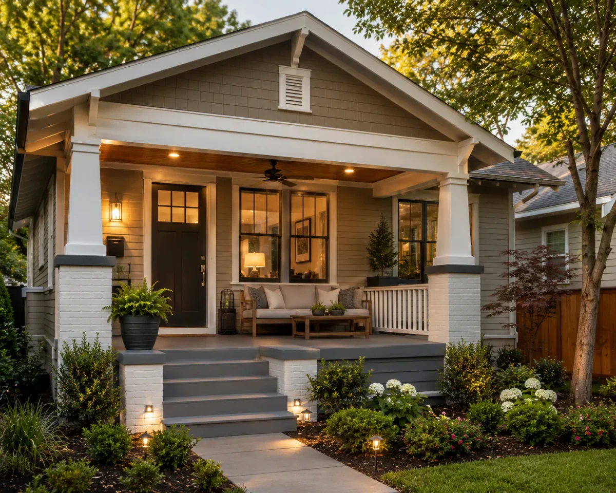 A Craftsman front porch with tapered columns, a swing and lit wall sconces