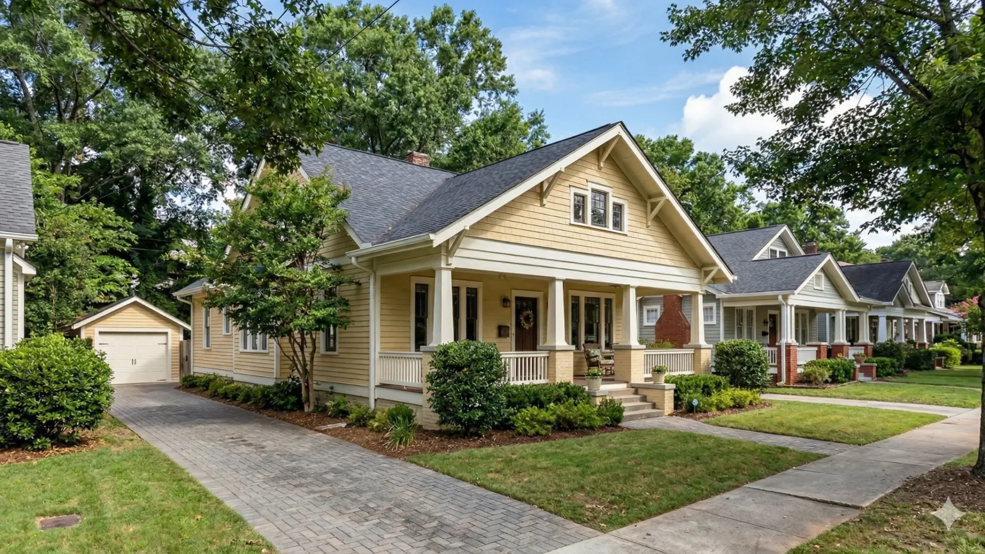 A cream Craftsman bungalow with a deep porch and a driveway running to a rear garage