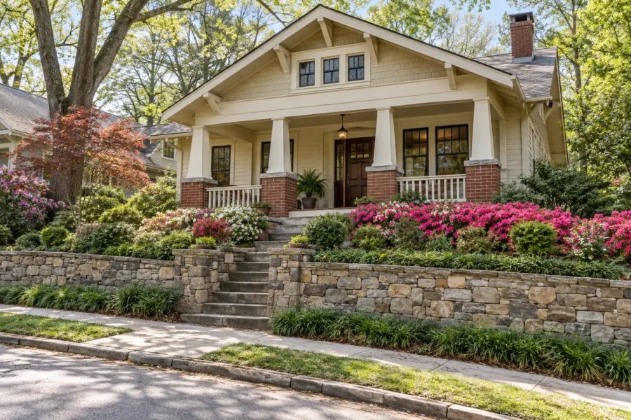 A cream Craftsman bungalow with tapered porch columns on brick piers, standing above a stone retaining wall with a stepped front walk and azaleas in bloom