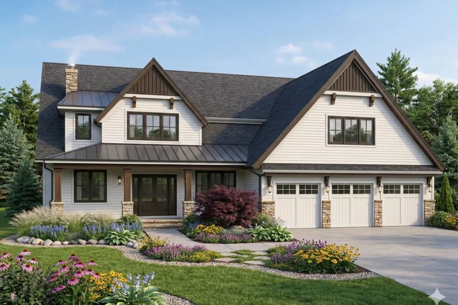 A cream Craftsman style house with a three car garage and layered planting