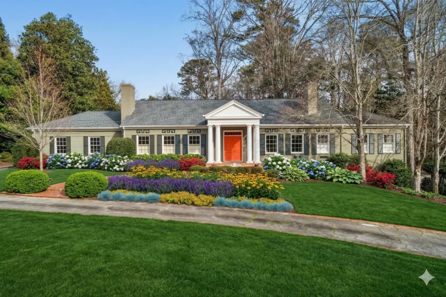 A cream ranch house with a red front door above banked flower beds