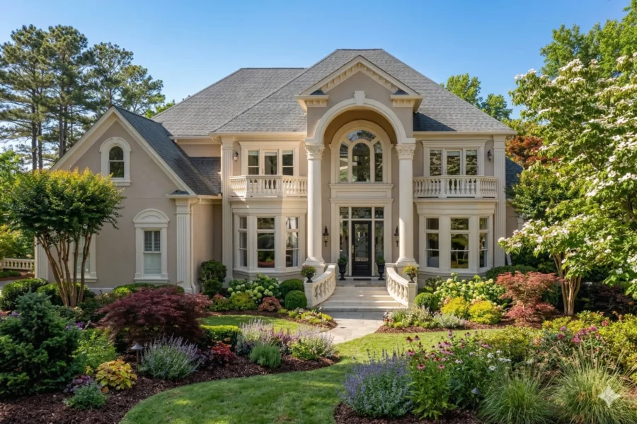 A large cream stucco house with a two storey arched entry behind mature planting