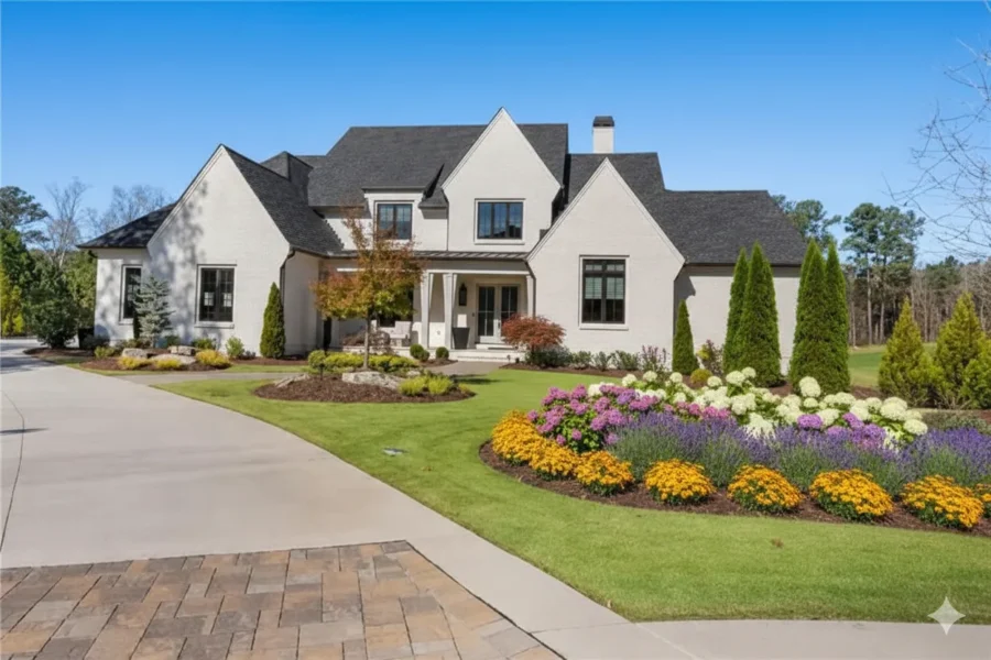 Cream stucco and stone estate with arched openings and a wide lawn