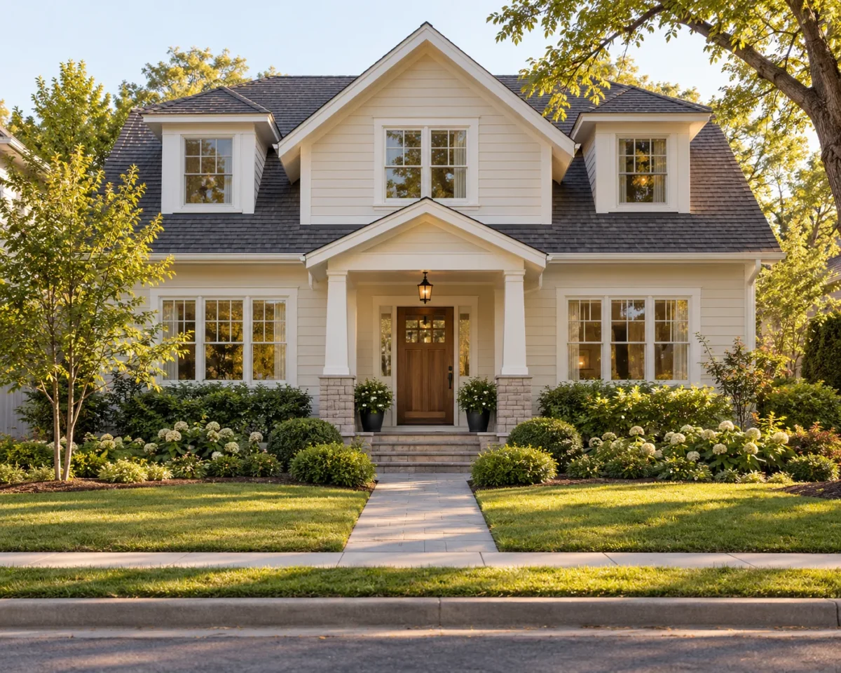 A cream painted house with fresh paint, symmetrical planting beds, clipped shrubs and a clean paved walk to a welcoming covered entry in warm light