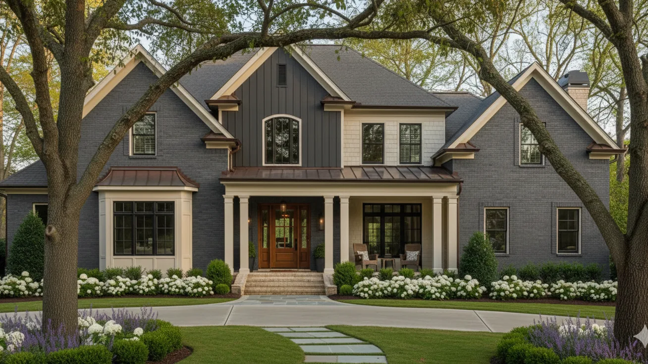 A dark clad and stone house with a broad front porch under mature oaks